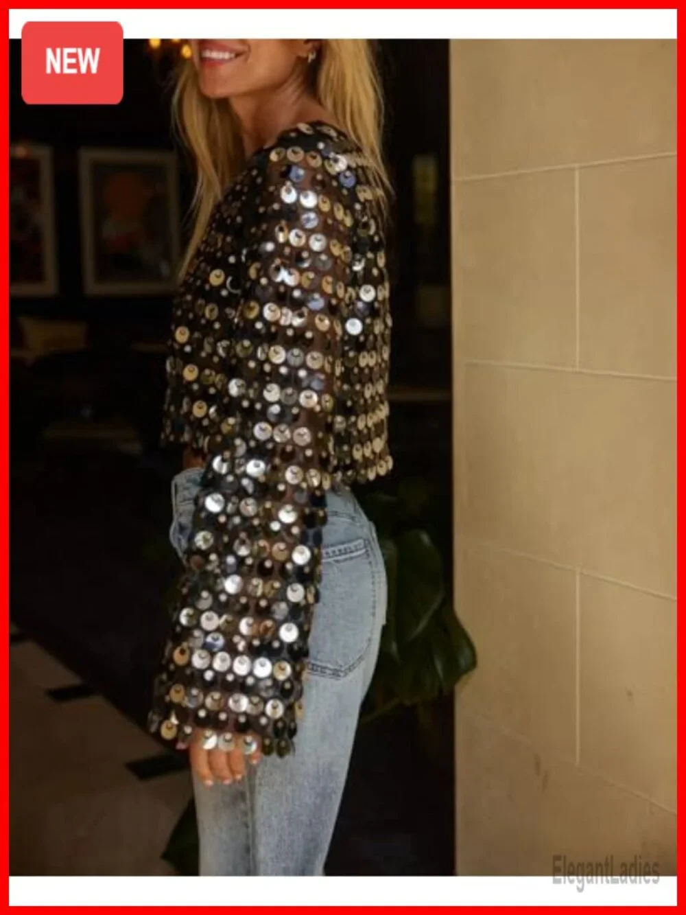Y2K Sequin Long Sleeve Mesh Bell Sleeve Crop Top Blouse